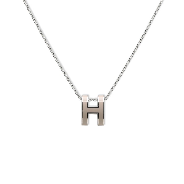 Hermes 愛馬仕 經典Pop H立體簍空橢圓LOGO項鍊H147991FP 灰色/白金