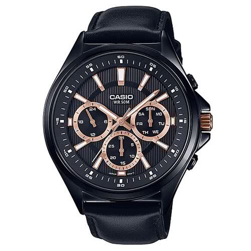 【CASIO】卡西歐 埃及風密編織錶帶皮帶紳士錶－黑X玫瑰金 MTP-E303BL-1A2 台灣卡西歐保固一年