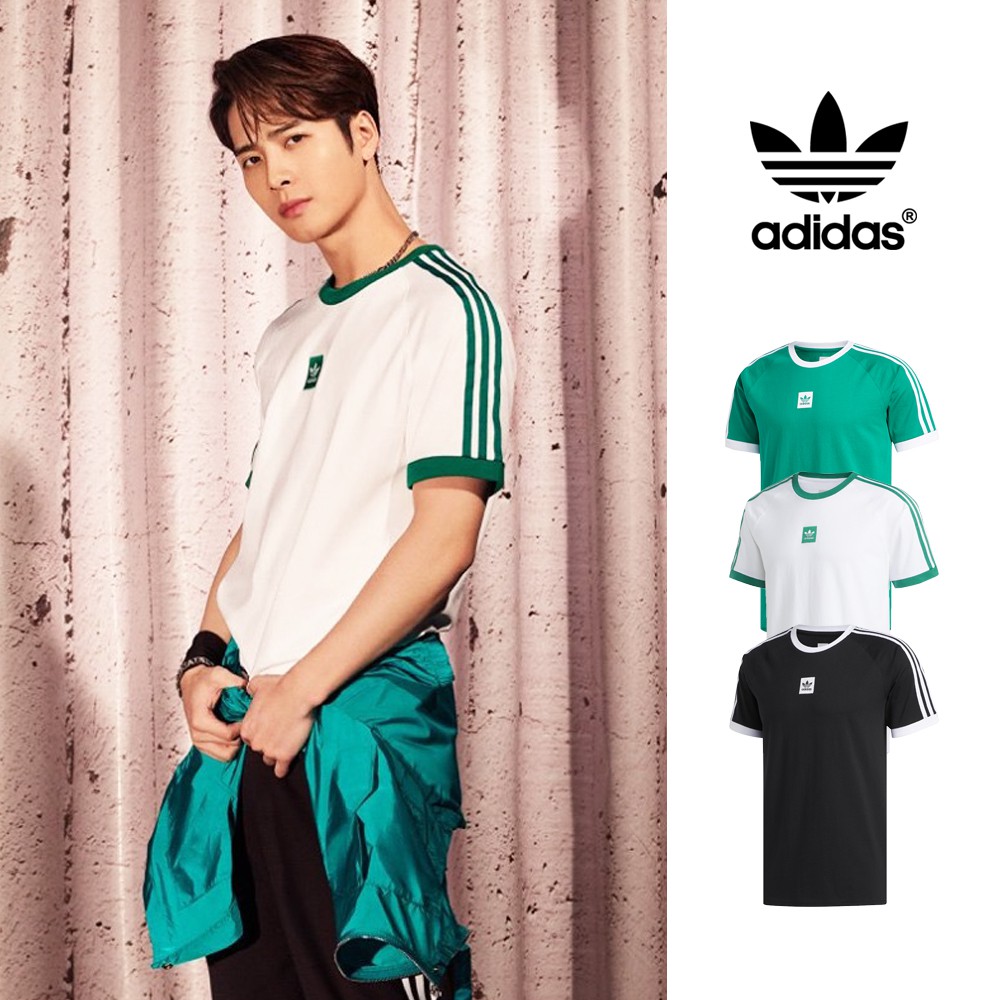 Adidas Originals 黑 白 綠短袖t恤純棉運動休閒上衣短t 三葉草三條線王嘉爾logo 蝦皮購物