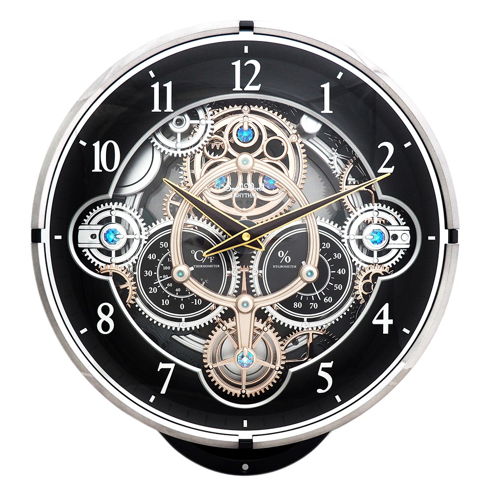 RHYTHM CLOCK 日本麗聲鐘-魔幻機械齒輪造型施華洛世奇水晶裝飾溫溼度獨立錶盤整點報時音樂舞台掛鐘(夜空黑)
