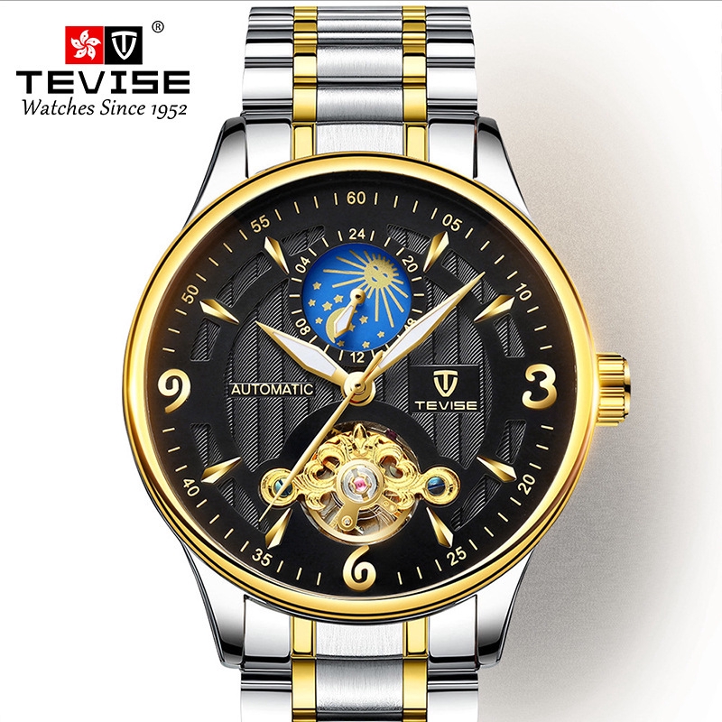 【潮裡潮氣】瑞士Tevise手錶爆款月相機械表陀飛輪防水男士手錶男錶