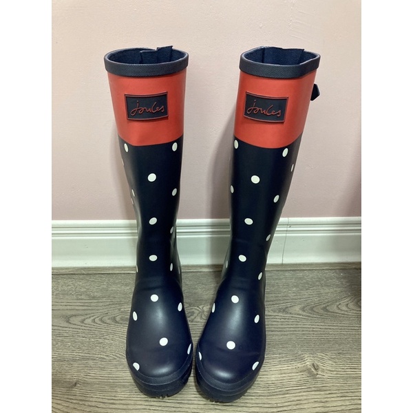 Miolla 英國品牌Joules 深藍底桔紅拼色點點高筒雨鞋/雨靴
