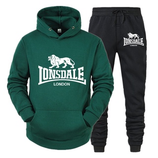 時尚 LONSDALE 印花男士連帽衫套裝品牌運動服男士嘻哈運動衫 + 運動褲秋冬