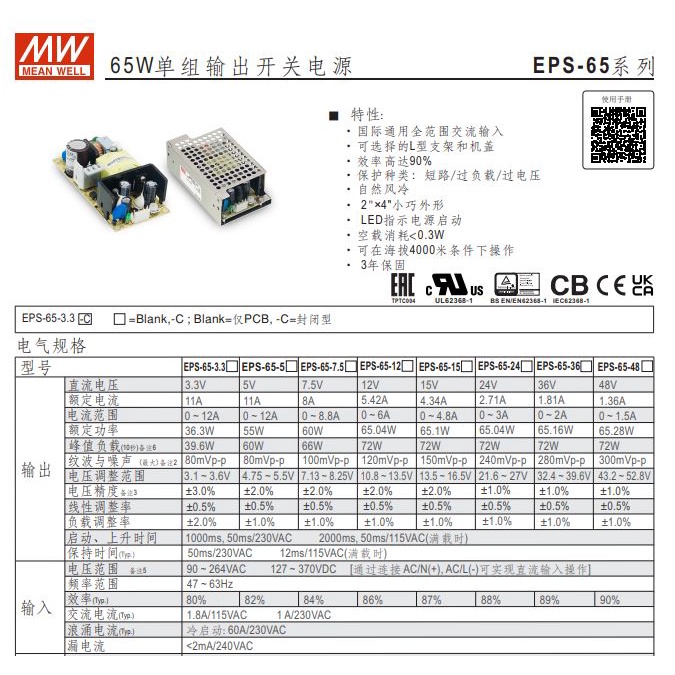 【CP】明緯電源供應器 EPS-65 3.3~48V