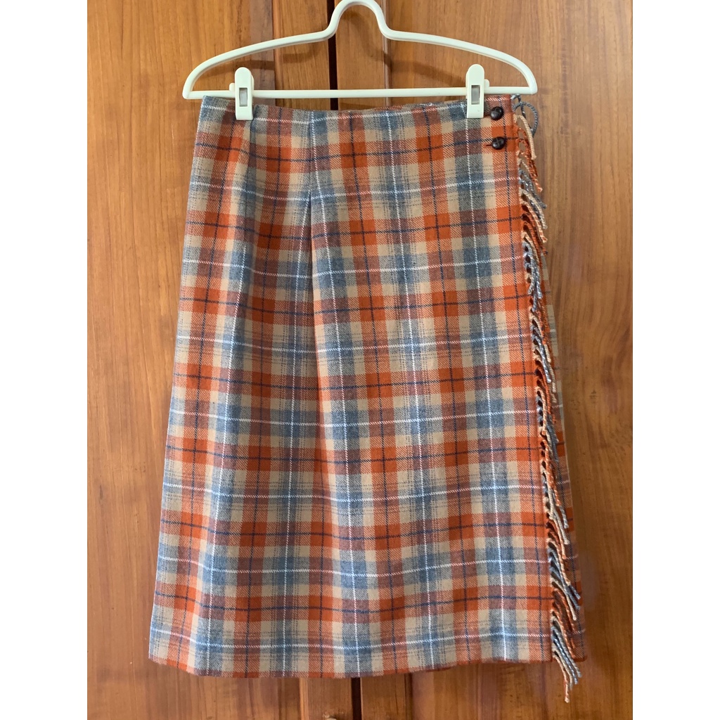 W 日本平價品牌 UNIQLO x IDLF 二手 聯名 限量 羊毛混 橙色系格紋 仿皮扣 流蘇 一片裙 6號