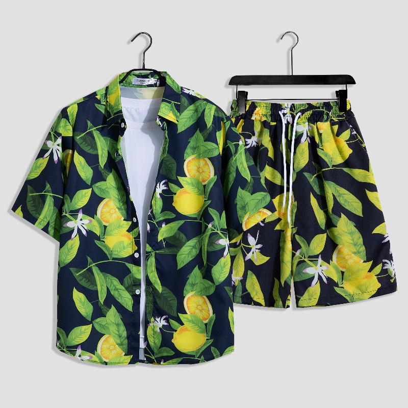夏威夷短袖花襯衫沙灘男寬鬆休閒套裝中褲情侶旅行度假裝
