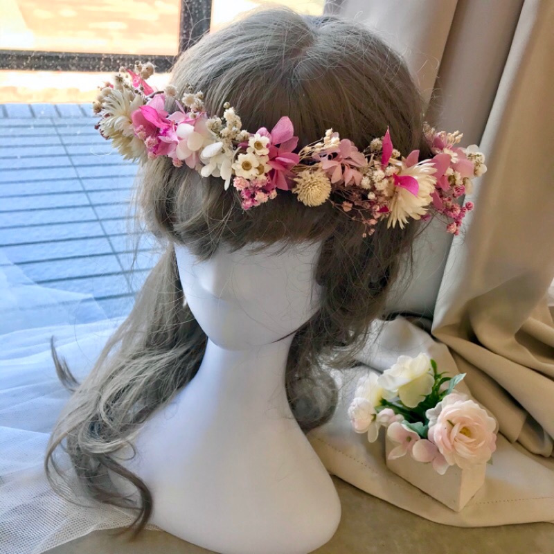 乾燥花手作 永生花圈乾燥花冠 粉紅甜心可客製畢業花圈頭飾新娘頭飾新娘花圈拍照道具 蝦皮購物
