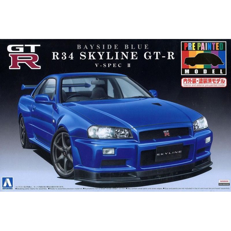 AOSHIMA正品 青島社 1/24 R34 SKYLINE GT-R V-spec II "圖裝烤漆完成版"寶藍色"