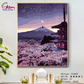 Gam 風景山櫻花富士拉伸框架的自著色數字油畫 40x50cm PC4005