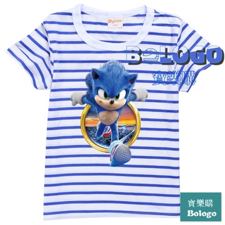 音速小子 夏天兒童卡通印花短袖上衣條紋短袖T恤刺蝟索尼克 Sonic