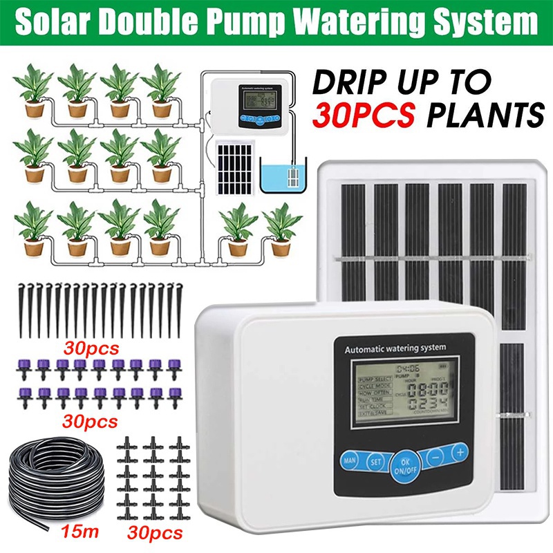 新型升級花園滴灌系統雙泵控制器定時器太陽能智能自動澆水庭院花園和戶外盆栽植物