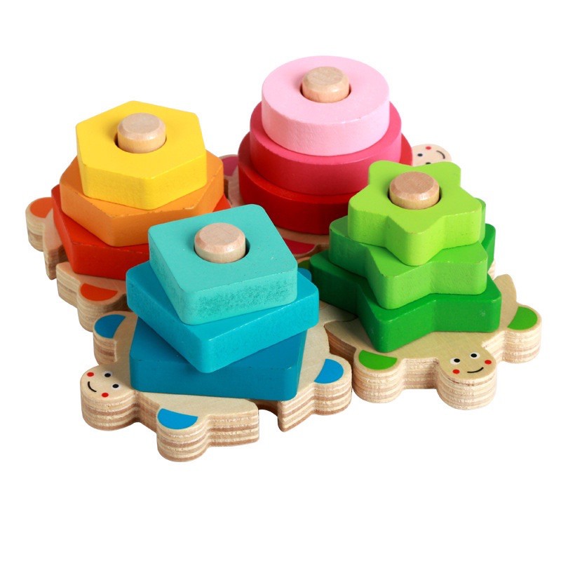認知配對啟蒙益智玩具烏龜多彩四柱套柱組合形狀積木木製玩具早教玩具