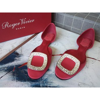 ROGER VIVIER RV Chip Orsay 奧賽鞋 平底鞋 方框水鑽 緞面深玫瑰粉 23.5-23.8公分足適