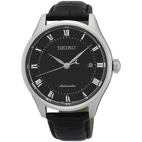 SEIKO WATCH 精工典雅浮雕黑面羅馬字刻劃日期自動上鍊紳士皮帶機械腕錶 型號：SRP769K2