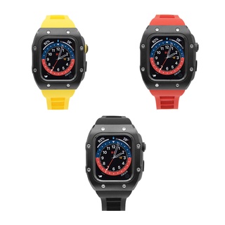 APPLE WATCH 蘋果手錶保護殼 | 不鏽鋼殼/矽膠帶款 44mm/45mm - 白鋼x黑框 / 臺灣出貨
