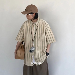 【M-2XL】男士襯衫日系復古寬鬆夏季薄款短袖襯衫 設計感小眾休閒百搭條紋襯衫