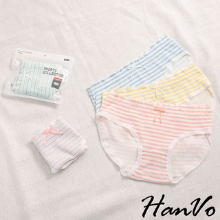 【HanVo】粉嫩糖果色條紋花邊棉質中腰內褲 甜美舒適彈性少女日系三角褲 親膚透氣流行內褲內著 A11-5557
