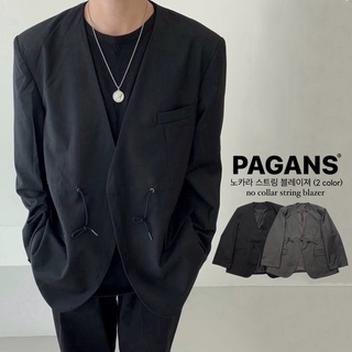 【PAGANS STORE】韓國代購 無領 綁帶 單排扣 墊肩 雙口袋 西裝外套 長袖 西裝 外套 (2 color)