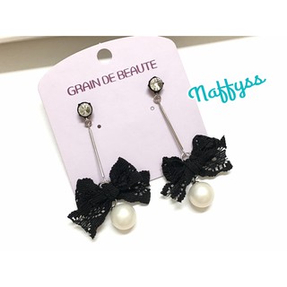 Naffyss✿ 韓國正品GRAIN de BEAUTE唯美浪漫蕾絲蝴蝶結水鑽珍珠垂墜式耳環