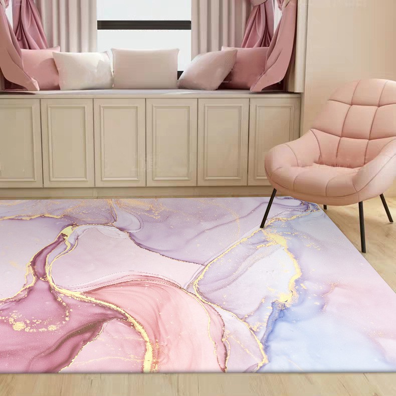 【強仔家居】地毯 抽像水彩地墊 現代時尚唯美夢幻 粉金色紫色臥室客廳床邊地毯