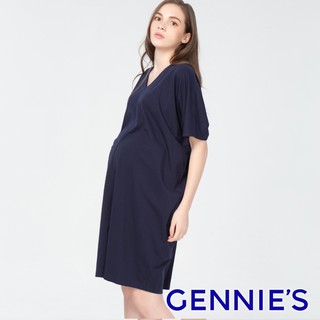 【Gennies 奇妮】V領飛鼠袖孕婦洋裝-丈青 (T1J15)