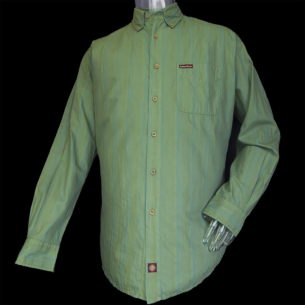 Marlboro Classics MCS 義大利品牌萬寶路純棉墨綠條紋長袖襯衫 L號