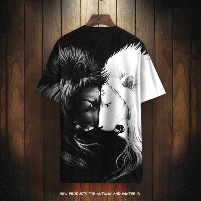 《購物聯盟》黑白拼色短袖獅子頭印花T恤男歐洲站潮流薄款冰絲速干高街半截袖