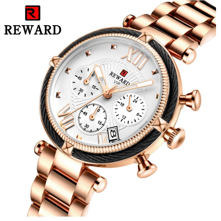 REWARD鋼索設計 真三眼女錶 日期顯示 小錶盤 潮流女錶 玫瑰金 流行手錶.夜光指針.造型女錶