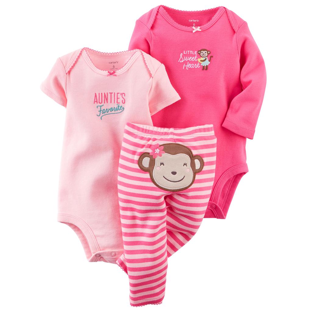 美國Carter's正品 女寶寶粉紅猴子短、長袖包屁衣+長褲三件組3M-24M