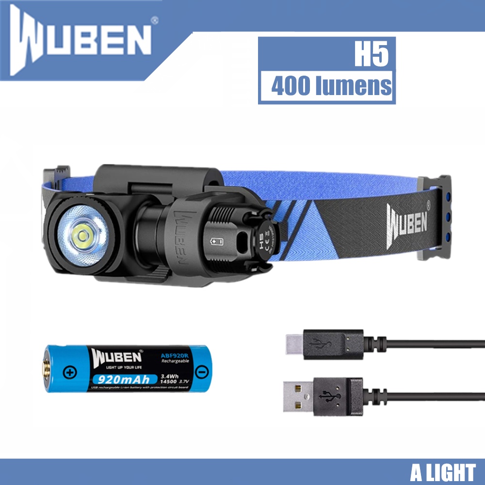 Wuben H5 LED 大燈 USB 充電手電筒最大 400 流明防水頭燈, 適合戶外露營跑步