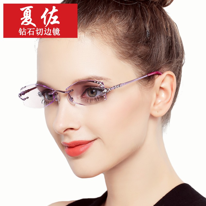 近視眼鏡女無框鉆石切邊眼睛框鏡架可配有度數變色防輻射鏡片B010