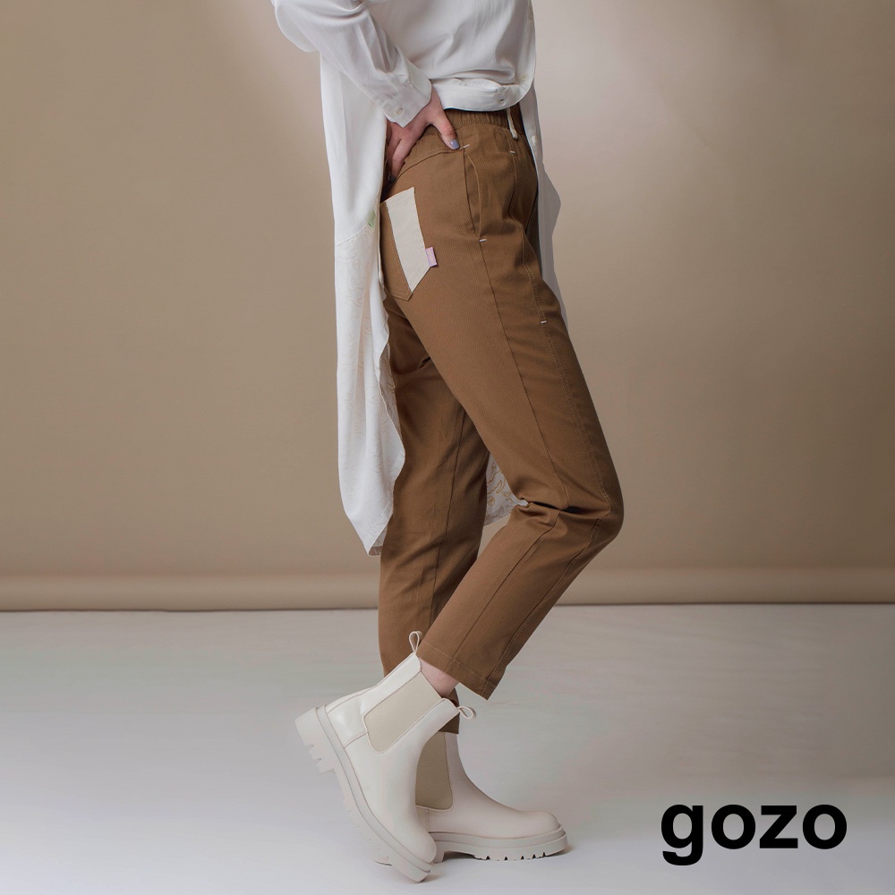 【gozo】➤拼色小腳合身褲(深咖_L)｜女裝 百搭 休閒