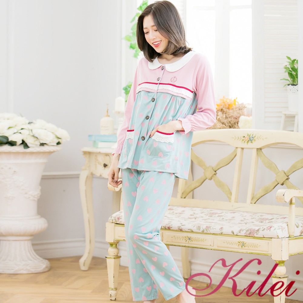 【Kilei】愛心設計開釦哺乳孕婦裝居家二件式睡衣組XA3517(甜美紫粉)全尺碼