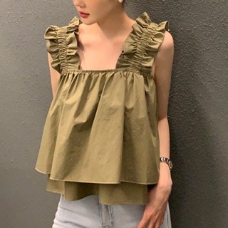 韓國chic夏季新款方領壓褶寬肩帶荷葉擺寬鬆無袖背心女裝上衣