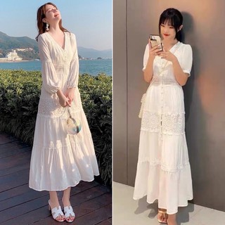 🎀Hanagirl 正韓🇰🇷白色洋裝 浪漫女神高腰深V波希米亞沙灘度假 長洋裝 I013 I063 禮服