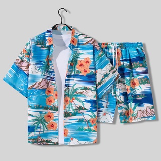 男士情侶旅行度假裝寬鬆休閒套裝中褲夏威夷沙灘褲短袖花襯衫