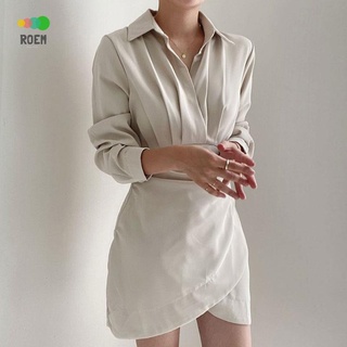 ROVE[輕奢高級]韓國chic秋季法式氣質翻領褶皺收腰顯瘦不規則設計長袖包臀洋裝洋裝