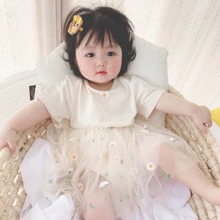 ［臺灣出貨］嬰幼兒包皮裙夏嬰兒可愛刺繡小雛菊短袖澎澎紗裙包屁哈衣寶寶連體爬服