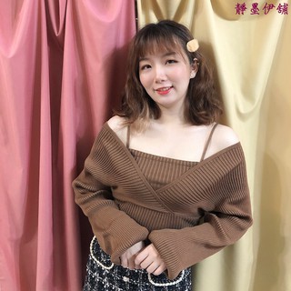 現貨❤️法式露肩假兩件針織衣 假兩件長袖針織衫 針織 上衣衣服 韓版設計感法式小眾收腰顯瘦假兩件露肩針織長袖針織