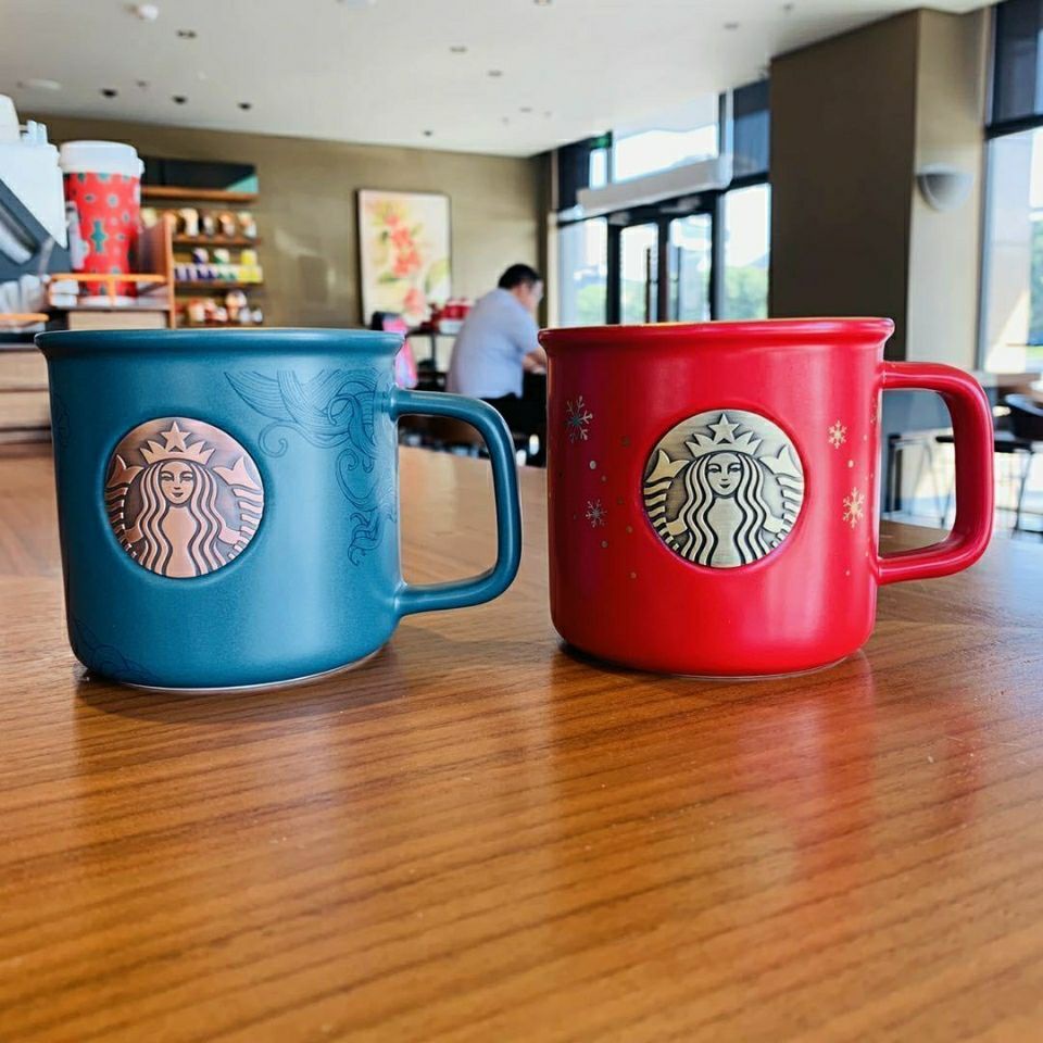 ₪❡﹍新款星巴克2020周年慶藍色琺瑯銅色印章款馬克陶瓷咖啡辦公水杯子