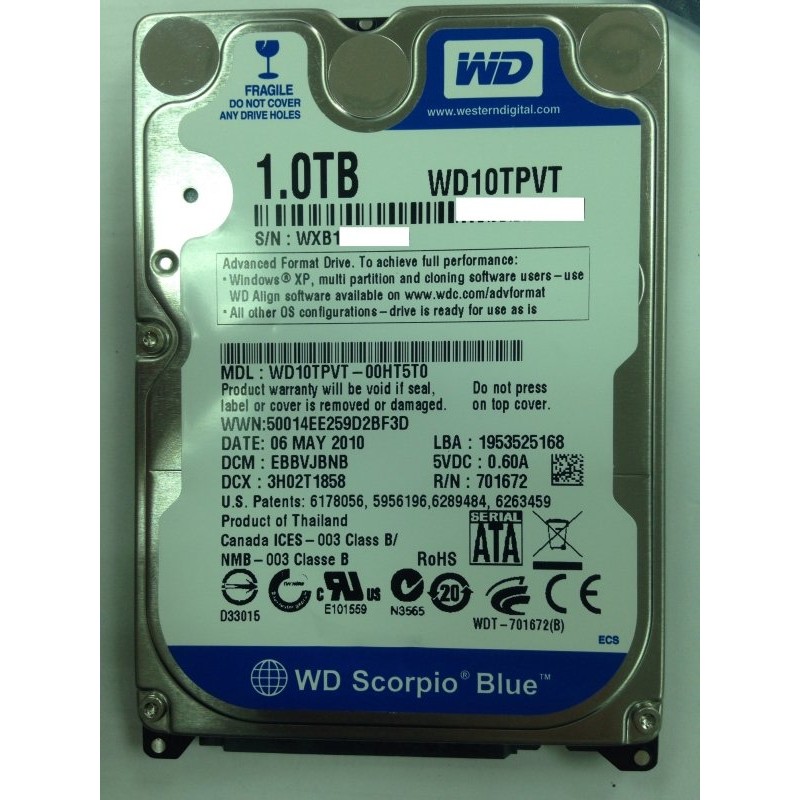 【全新未拆】WD 2.5吋 1T 1TB硬碟 12mm (WD10TPVT-00HT5T0) /1.5TB 2TB