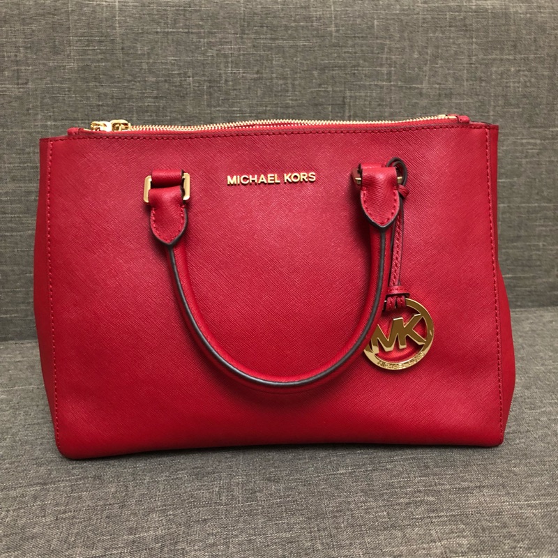 Michael Kors MK Sutton 防刮牛皮 手提 斜背 兩用雙拉鍊三層包 紅色