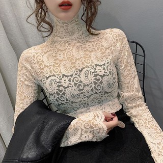 蕾絲 打底衫 女春秋 百搭 高領洋氣小衫 女上衣 內搭長袖t恤 lzx