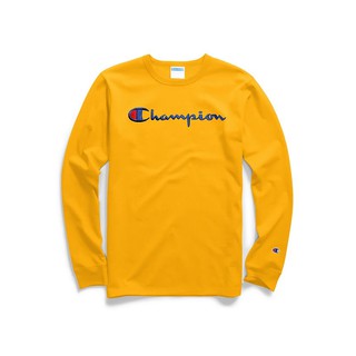 【YOYOGI PLUS】美線 CHAMPION 刺繡草寫 薄長TEE ( 黃 )