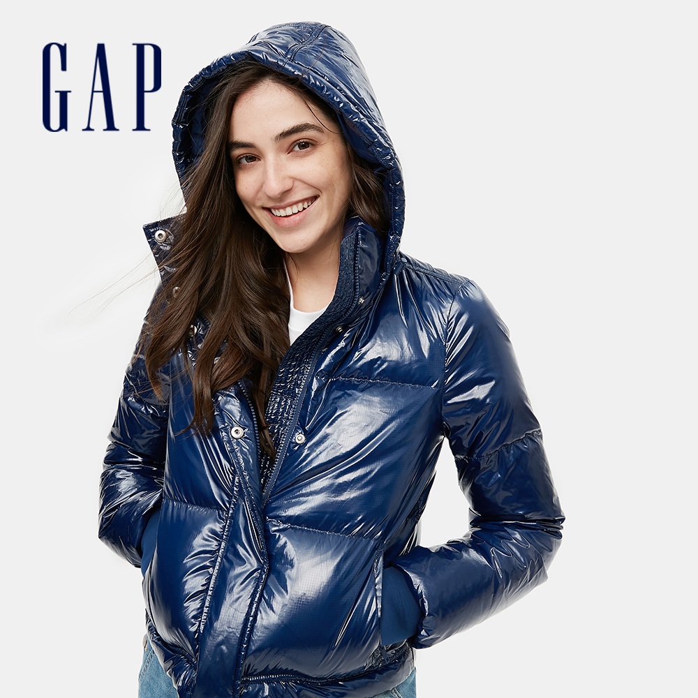 Gap 女裝 摩登漆面立領連帽羽絨外套-蔚藍色(620525)