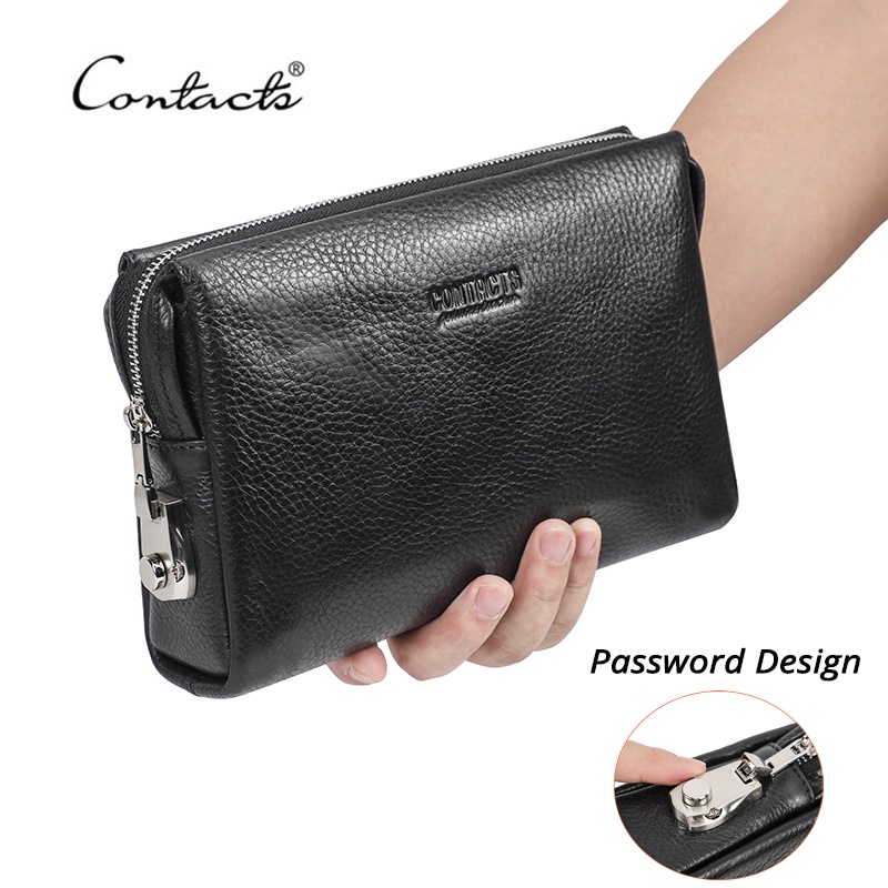 CONTACT'S 真皮男手拿包密碼設計男士手提包腕帶大容量手拿包休閒錢包袋