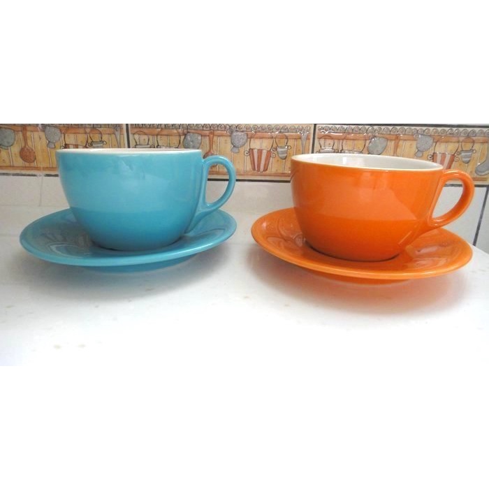 堤亞摩 Tiamo 天空藍/橘色 咖啡杯組 對杯 2杯子2盤子 下午茶必備