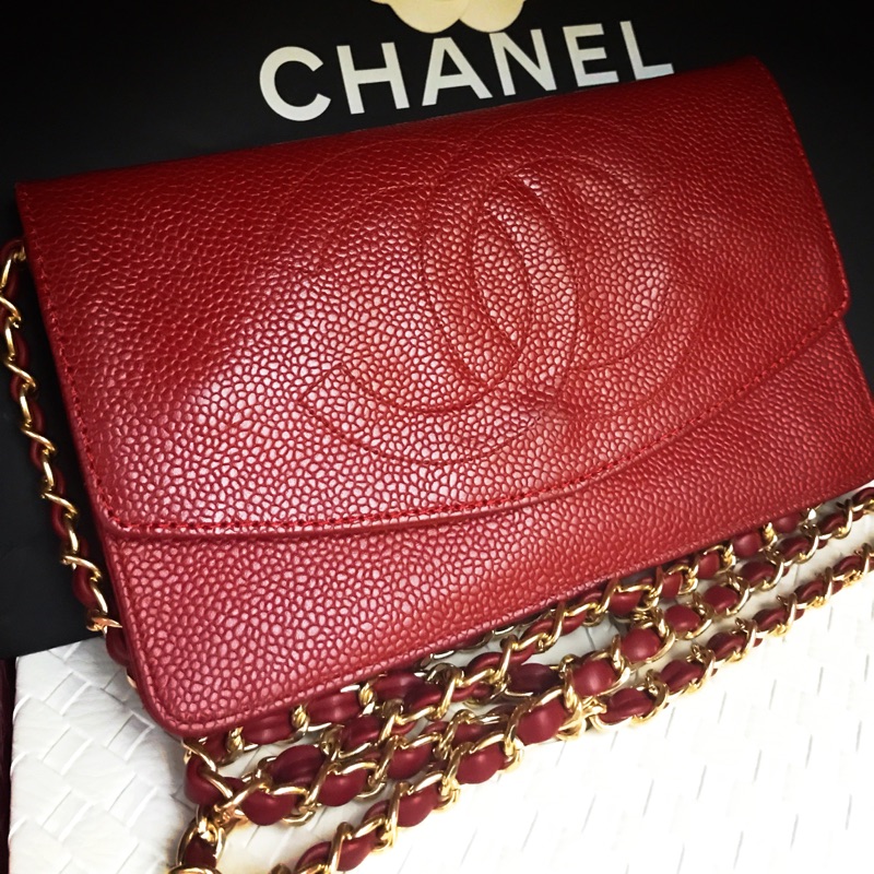 Chanel Vintage Woc 荔枝紋 紅款皮夾加鏈