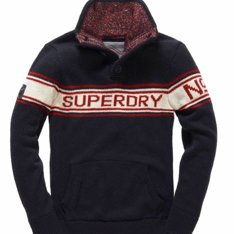 2XL 全新 Superdry 極度乾燥雙色套頭Logo刺繡羊毛針織上衣  黑色