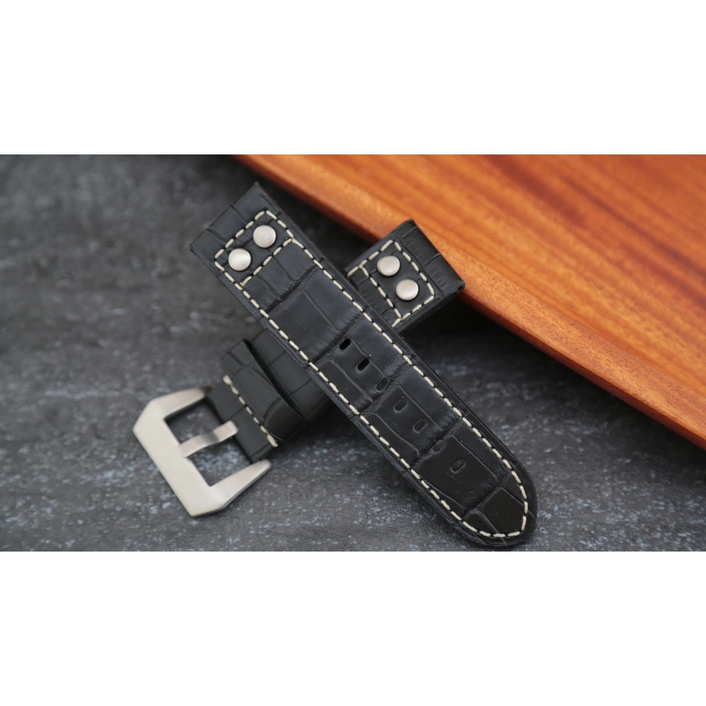 24mm直身Hamilton 的新衣軍錶飛行風格鉚釘黑色壓鱷魚皮紋